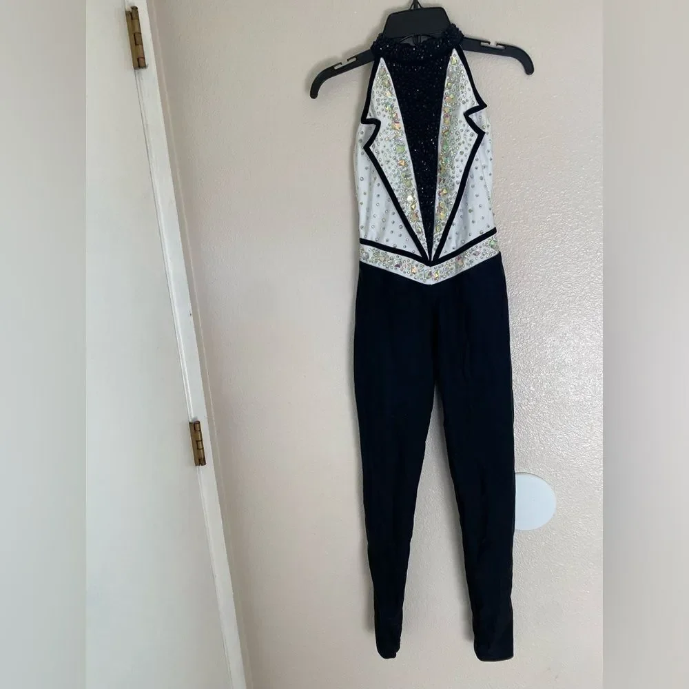 Glamour solo dance costume white black tux jumpsuit embellished LC-large child